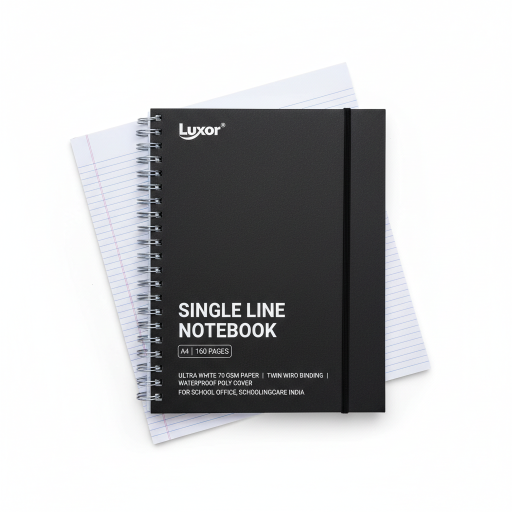 Luxor Single Line Notebook A4 160 pages black flat lay 70 GSM twin wiro waterproof - Schoolingcare
