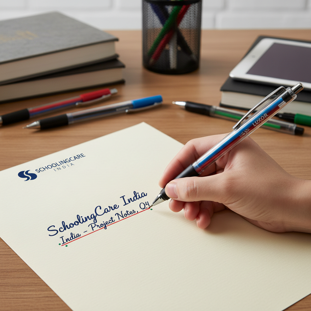 Luxor Fine Writer Roller Pen in use writing smooth consistent ink school notes office - Schoolingcare