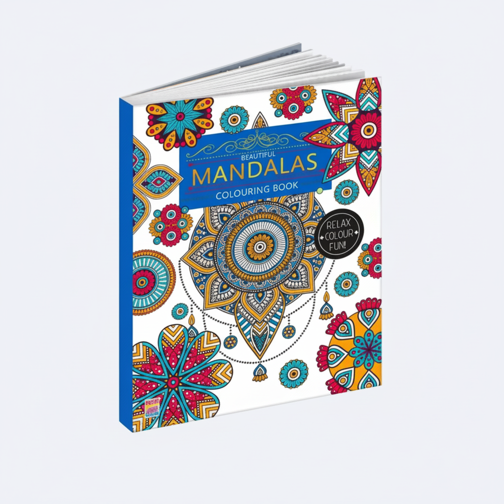 Close detail of Beautiful Mandalas Colouring Book intricate colourful cover pattern by SchoolingCare Stationary Store