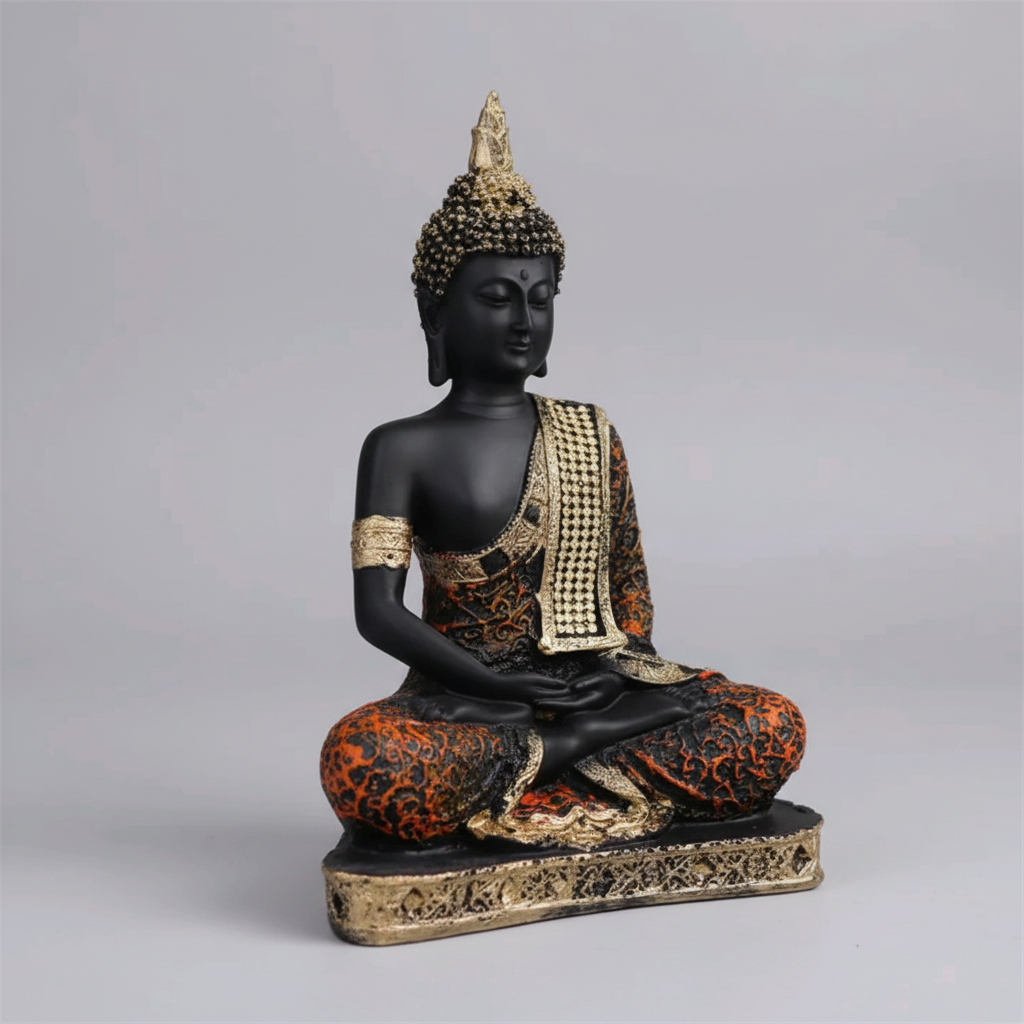 Close detail of black and gold meditating Buddha statue and carved base - by SchoolingCare Stationary Store