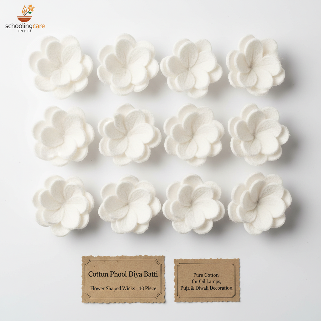 Cotton Phool Diya Batti flower shaped wicks 10 piece flat lay pure cotton oil lamp - Schoolingcare