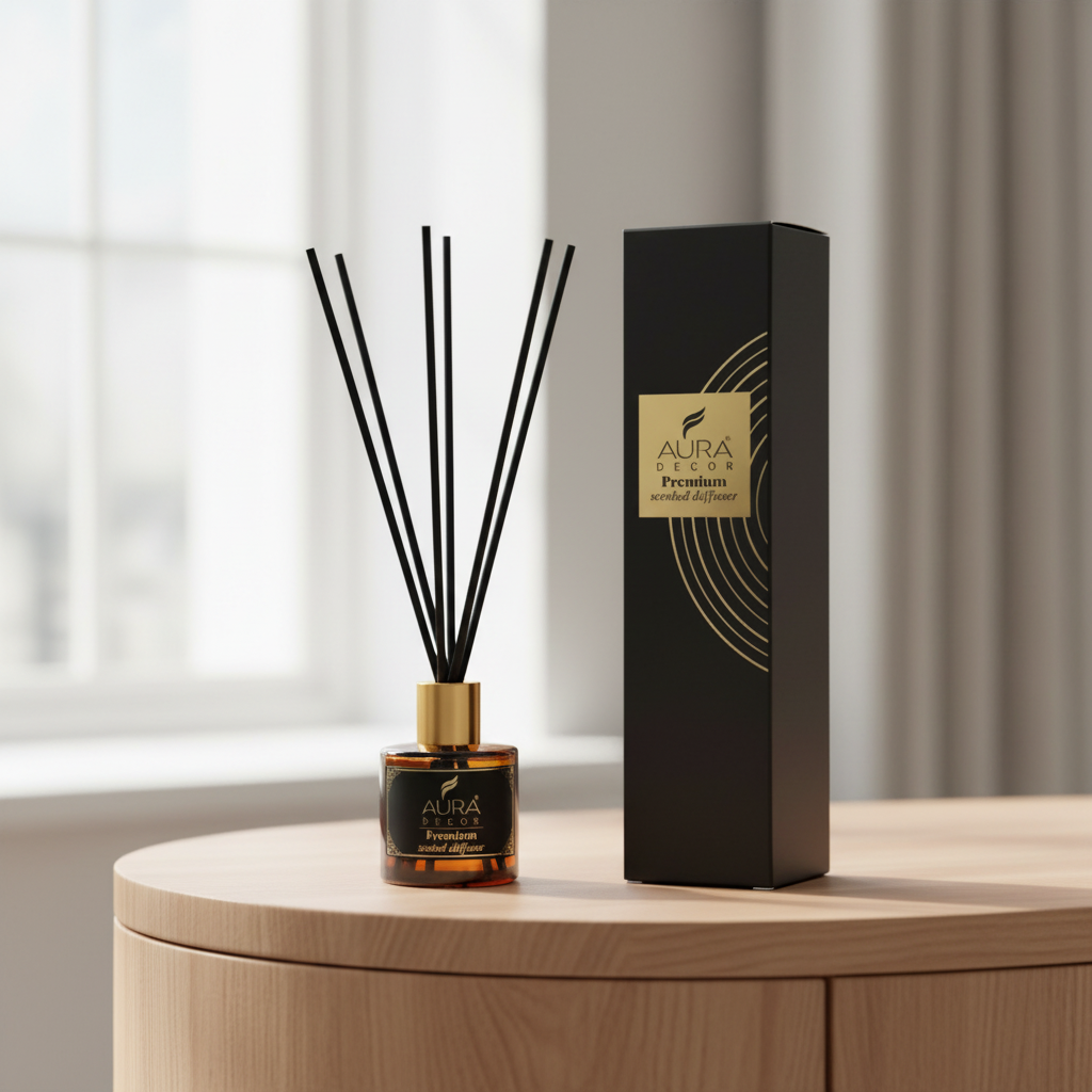 AURA Precious reed diffuser bottle and box in a bright interior - by SchoolingCare Stationary Store