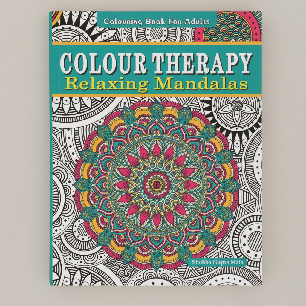 Close detail of Colour Therapy Relaxing Mandalas adult colouring book original cover artwork by SchoolingCare Stationary Store