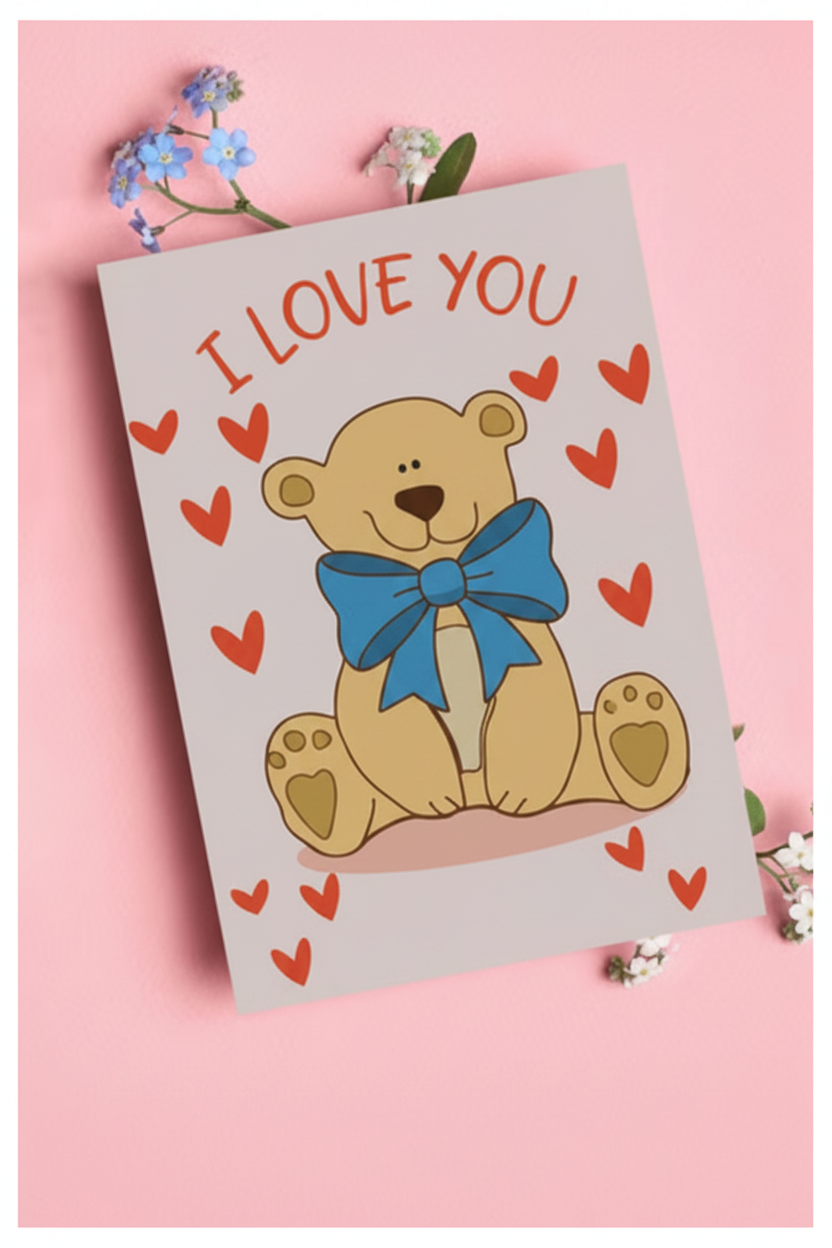  Mad Over Print I Love You teddy bear greeting card for Valentine's and gifting