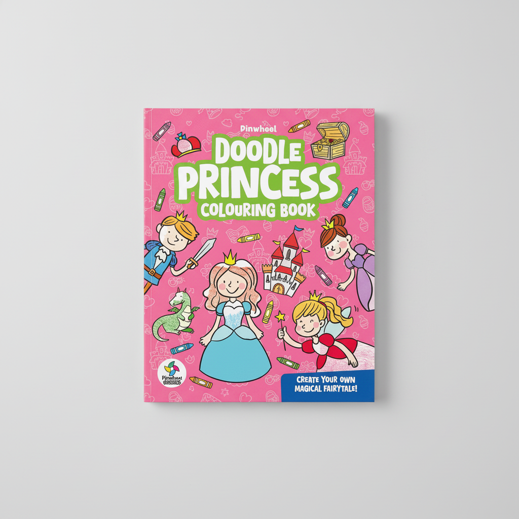 Close detail of Doodle Princess Colouring Book colourful fantasy cover by SchoolingCare Stationary Store