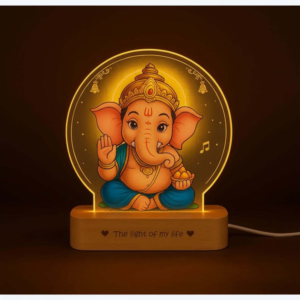 Close detail of Lord Ganesha acrylic LED photo lamp and wooden base by SchoolingCare Stationary Store
