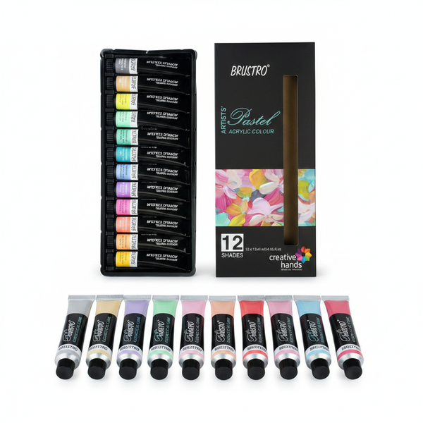Brustro Artists Pastel Acrylic Colour 12 shades dark box with pastel tubes on white background