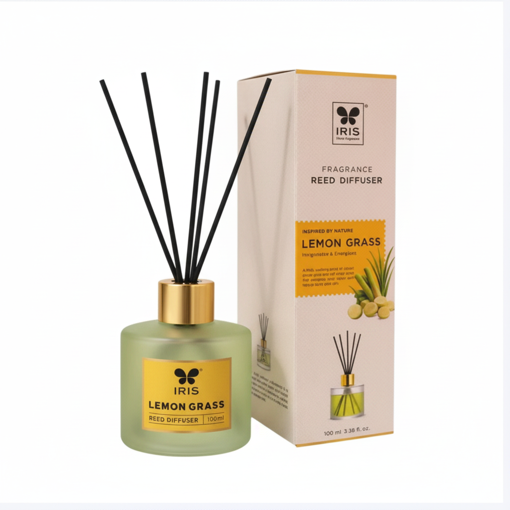 Close view of IRIS Lemon Grass reed diffuser bottle and matching product box