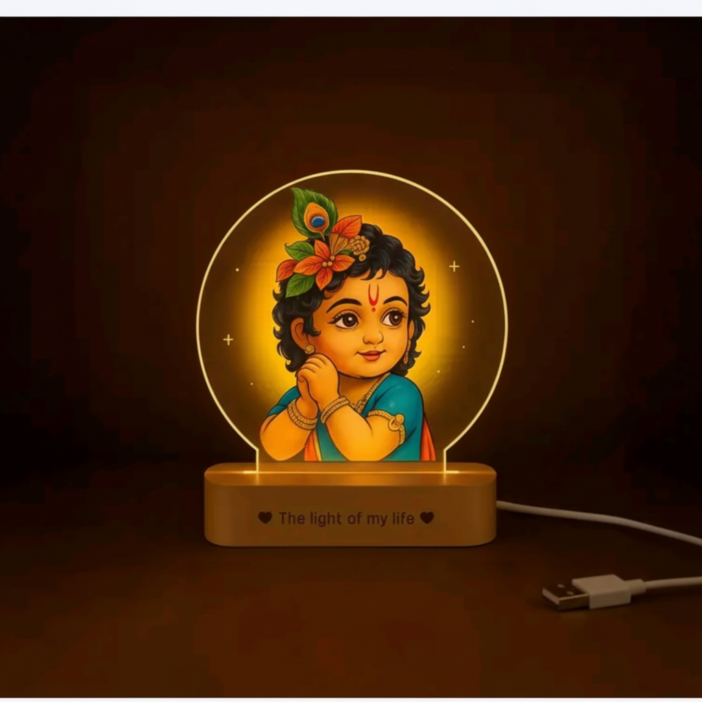 Close detail of Krishna acrylic LED night lamp, halo and wooden base by SchoolingCare Stationary Store