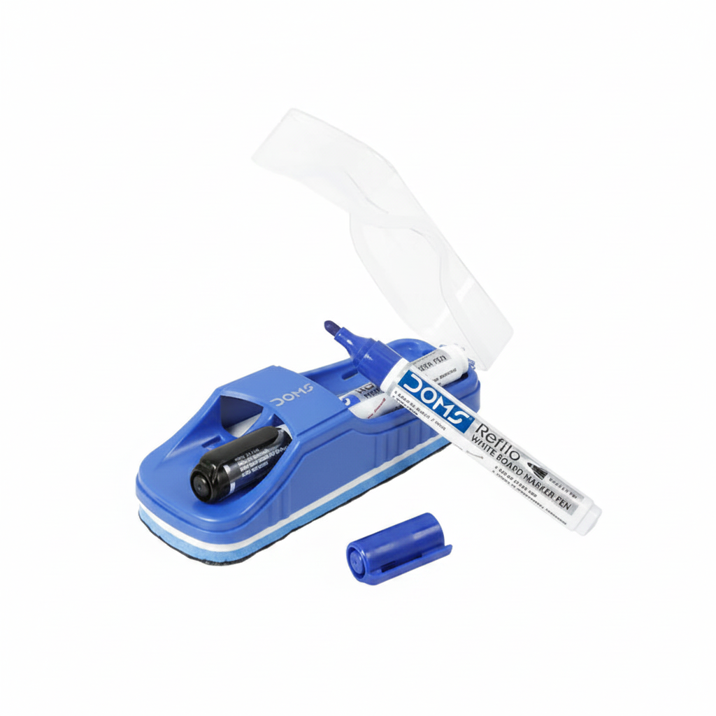  DOMS whiteboard duster with black and blue marker pen set for classroom and office