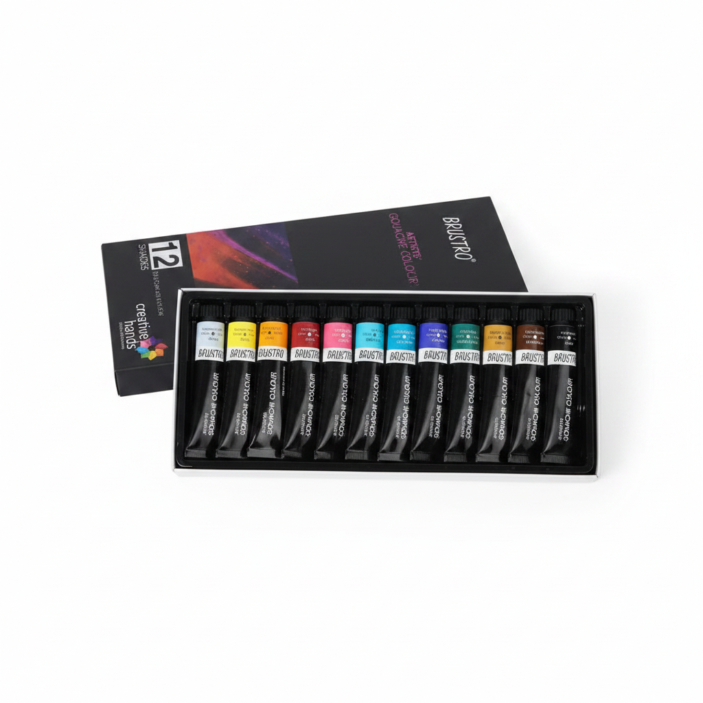 Brustro Artists Gouache Colour 12 shades black box with colour tubes on white background
