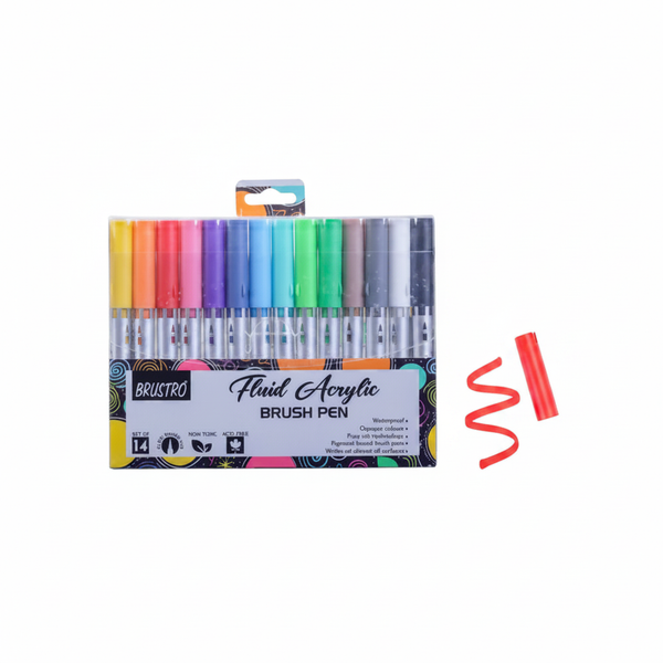 Brustro Fluid Acrylic Brush Pens 14 multicolour set on white background