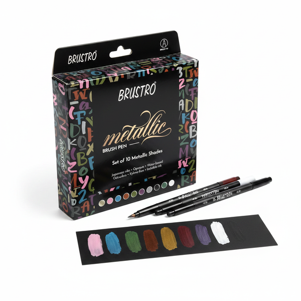 Brustro Metallic Brush Pen set of 10 metallic shades premium dark packaging on white background