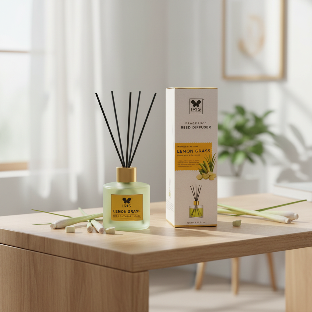 IRIS Lemon Grass reed diffuser bottle and box styled on a bright console