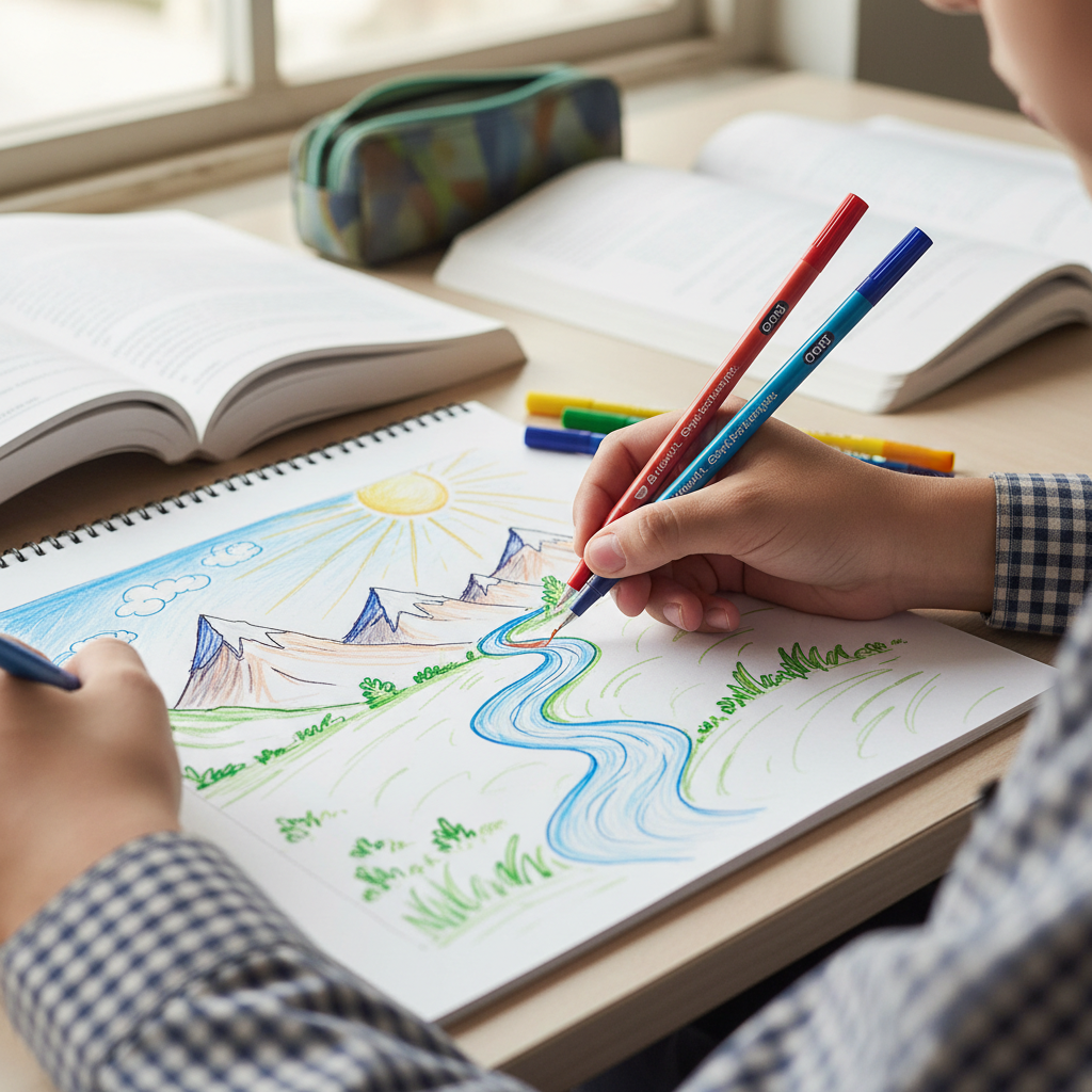 DOMS Max Sketch Pens in use student drawing fine tip precise sketching vivid colours - Schoolingcare