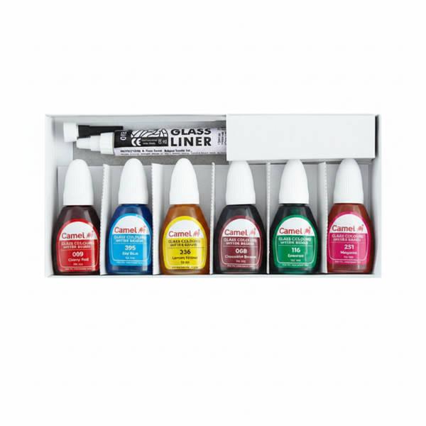 Camel Water Based Glass Colours 6 dropper bottles and glass liner in white tray on white background
