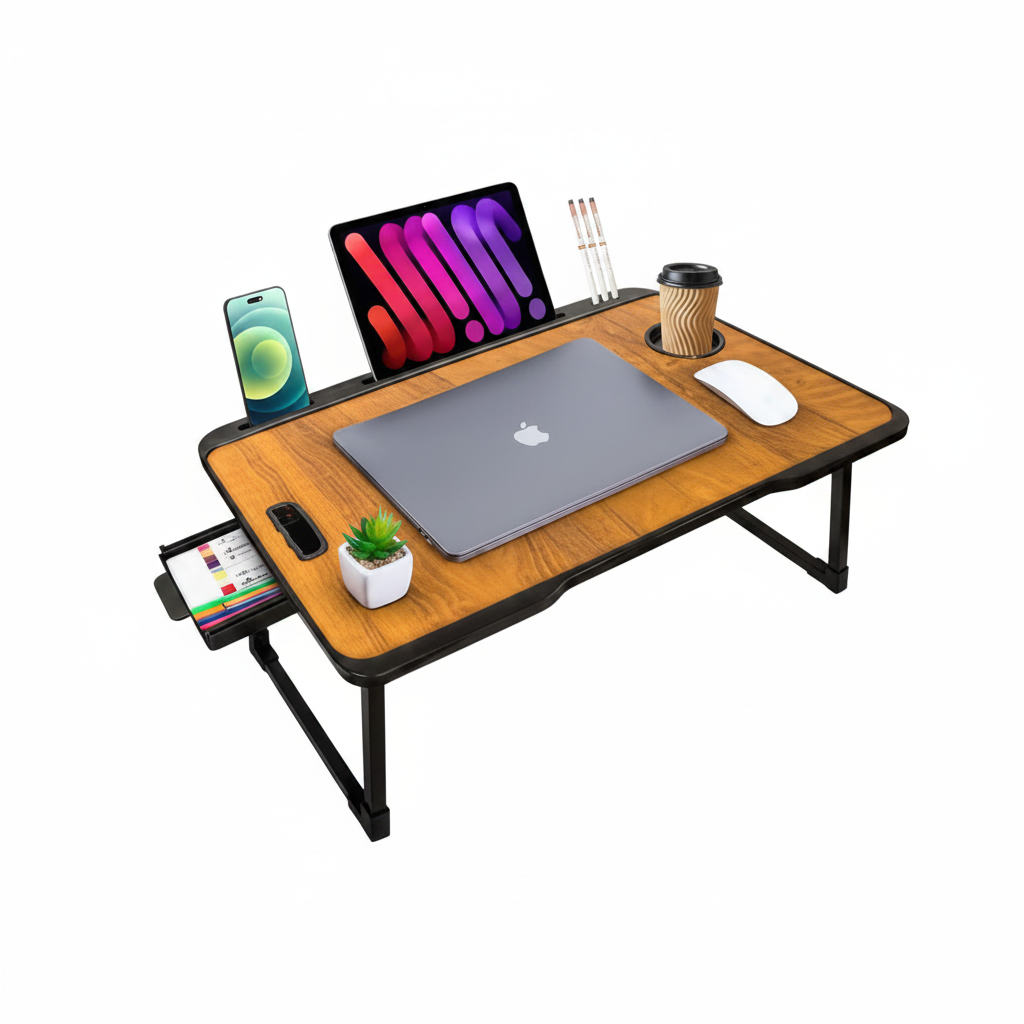  Foldable laptop table light brown wood finish for home office and study use
