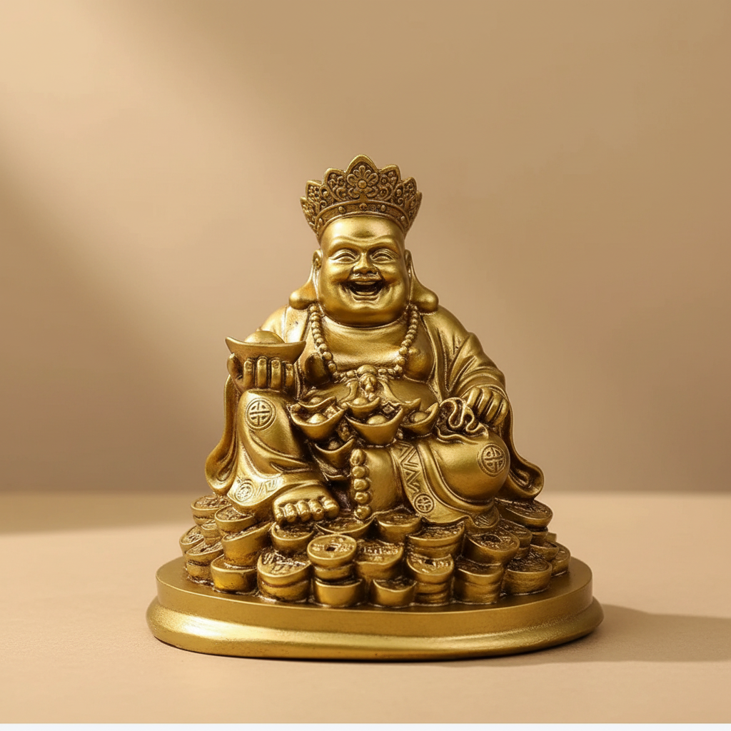 Close detail of the golden Laughing Buddha statue and coin base by SchoolingCare Stationary Store