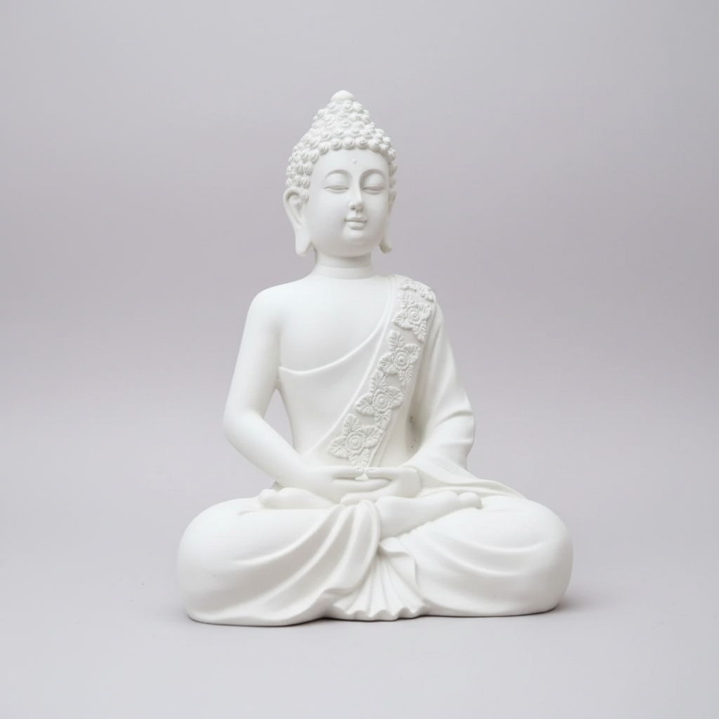 Close detail of white meditating Buddha statue and draped robe - by SchoolingCare Stationary Store