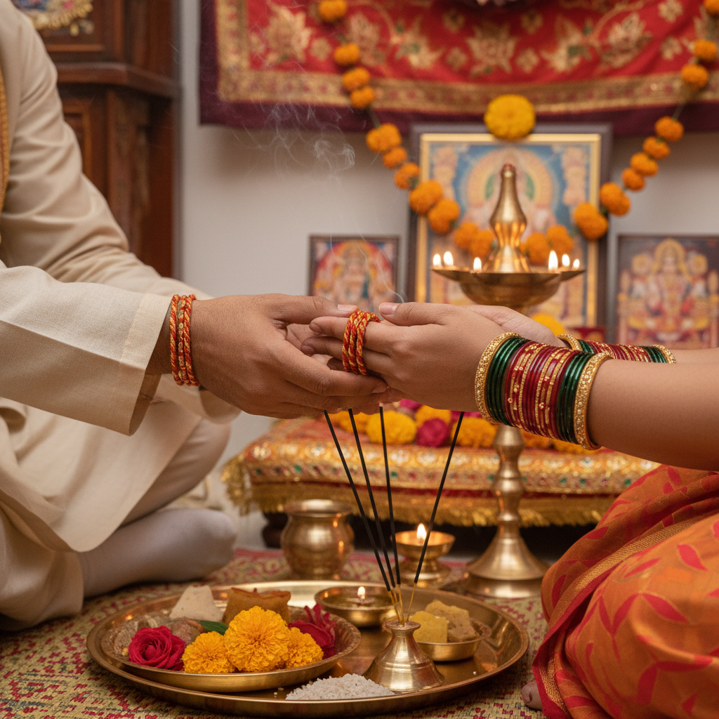 Kalawa Moli red sacred thread tied on wrist during Hindu puja ceremony festival - Schoolingcare