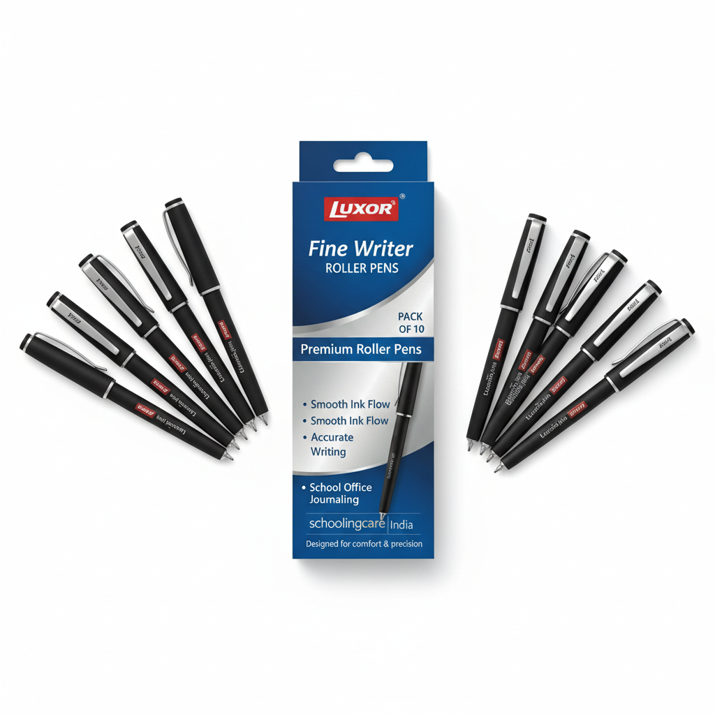 Luxor Fine Writer Roller Pen pack of 10 flat lay premium roller pens smooth ink school office exams - Schoolingcare