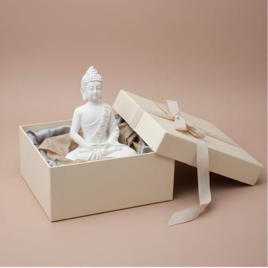 White meditating Buddha statue in a premium gift presentation - by SchoolingCare Stationary Store