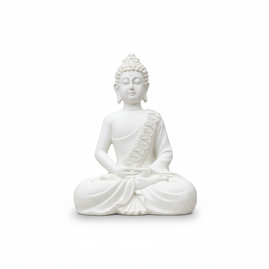 White meditating Buddha statue on a clean white background - by SchoolingCare Stationary Store