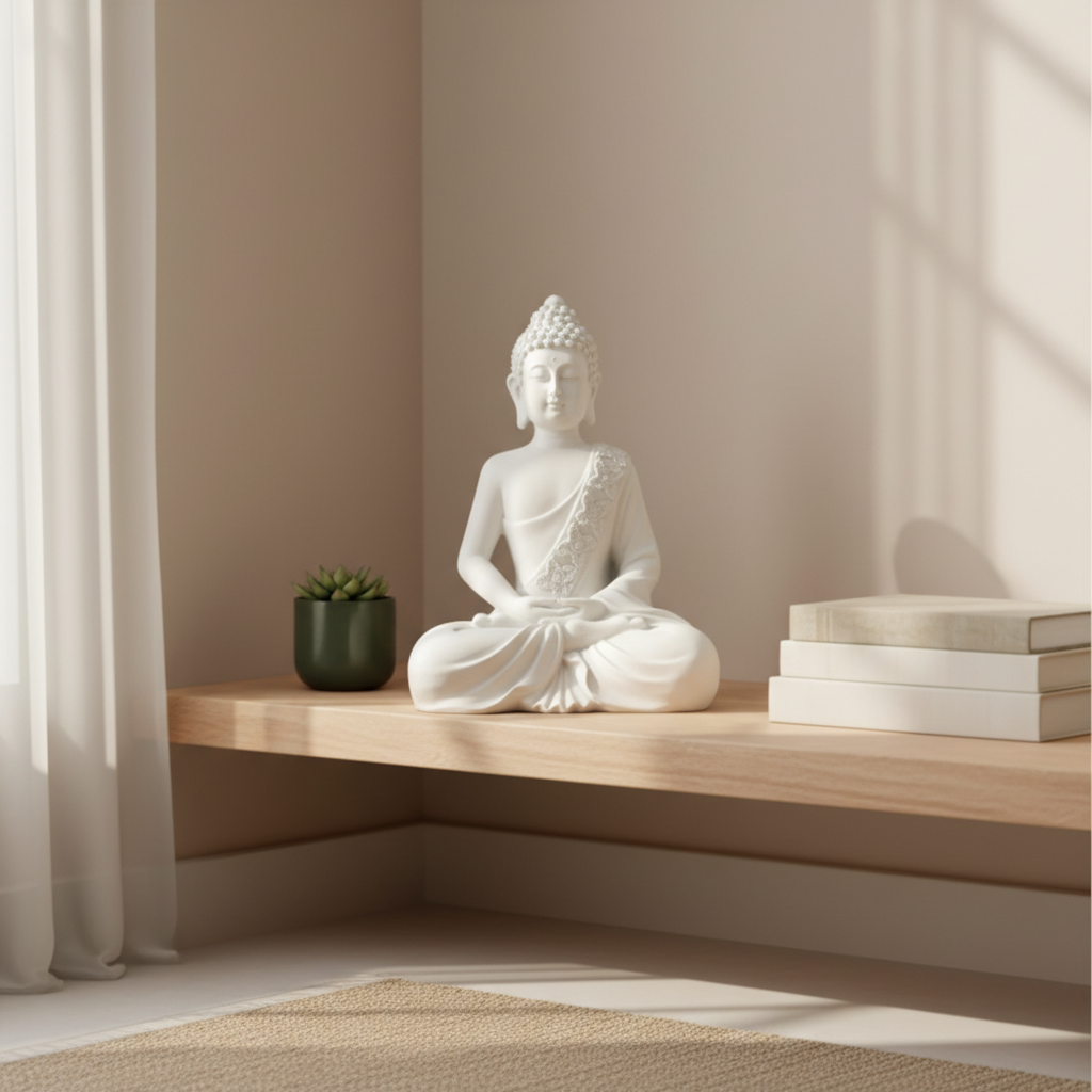 White meditating Buddha statue styled in a calm meditation space - by SchoolingCare Stationary Store