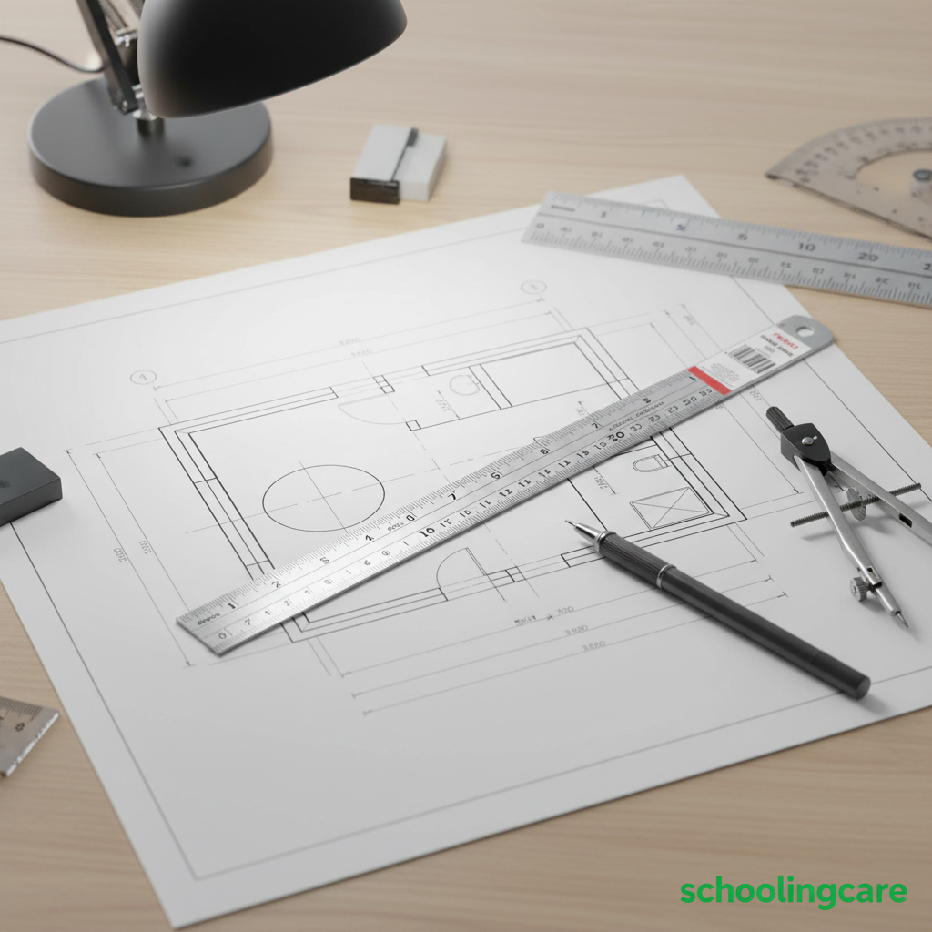 A white architectural drawing sheet on a light wood desk, surrounded by drafting tools including a metal ruler, compass, straightedge, pencil, and a black desk lamp.