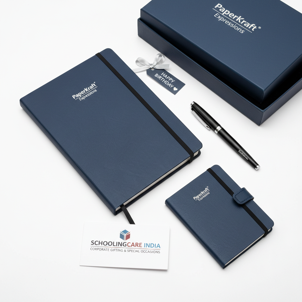 Paperkraft Expressions Gift Set With Notebook blue black flat lay premium elegant stationery - Schoolingcare