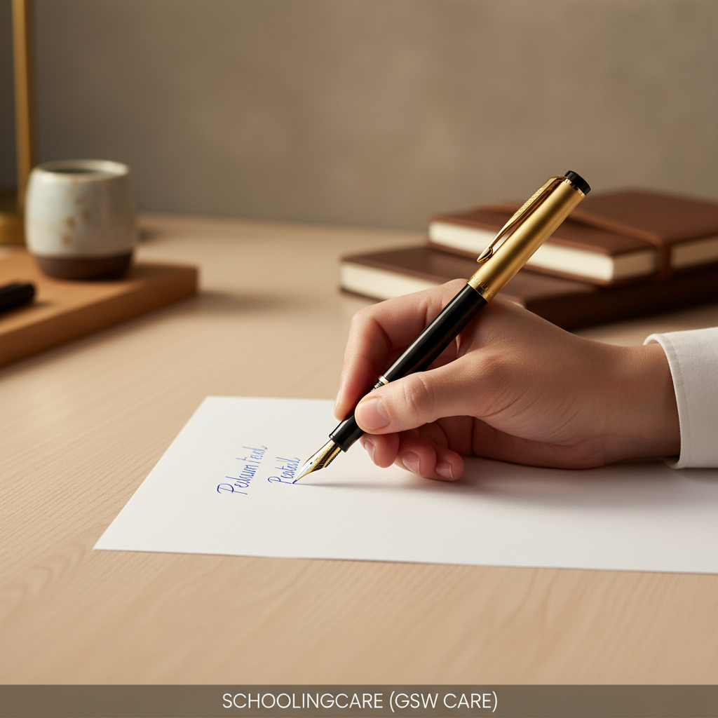 A close-up of a hand holding a gold and black fountain pen, writing on a sheet of white paper at a wooden desk, with books and a cup blurred in the background.Order Now at SchoolingCare Stationary store Online