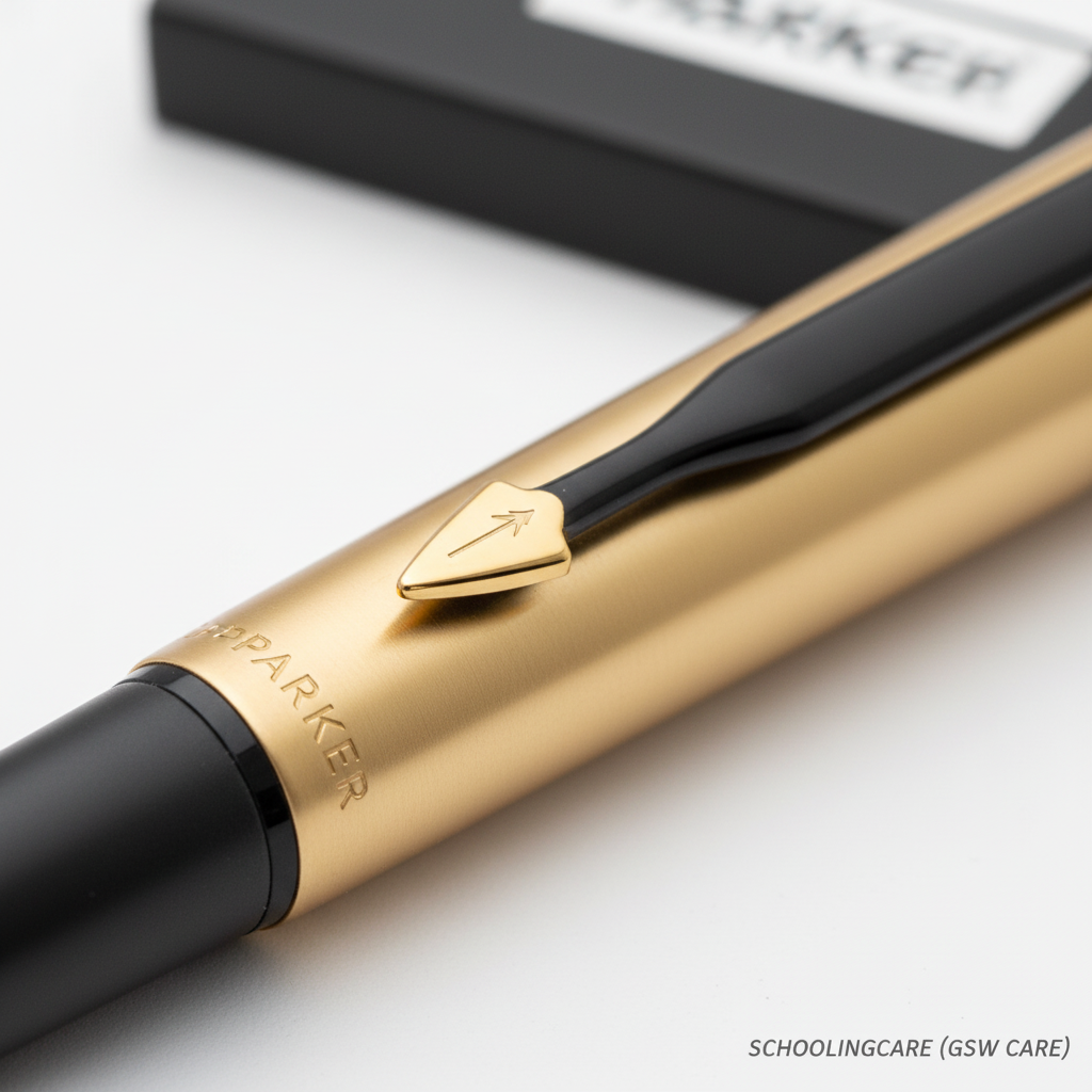 A close-up of a gold and black Parker fountain pen with the brand name engraved on the barrel and a gold nib at the tip, shown against a clean white background with a blurred black box in the background.Order Now at SchoolingCare Stationary store Online