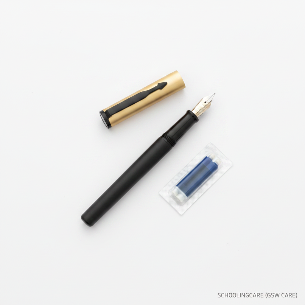 A black fountain pen with a gold cap removed and placed beside it, along with a small blue ink refill in a clear plastic sleeve, on a clean white background.Order Now at SchoolingCare Stationary store Online