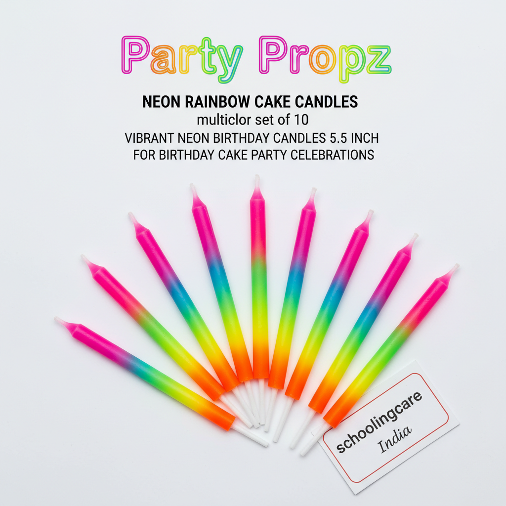 Party Propz Neon Rainbow Cake Candles multicolor set of 10 flat lay vibrant birthday party - Schoolingcare