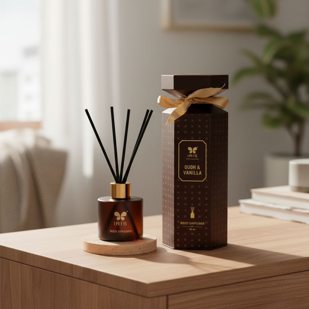 IRIS Oudh and Vanilla reed diffuser bottle and box in a bright interior - by SchoolingCare Stationary Store