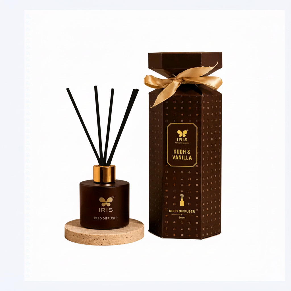 IRIS Oudh and Vanilla reed diffuser gift presentation with gold ribbon - by SchoolingCare Stationary Store