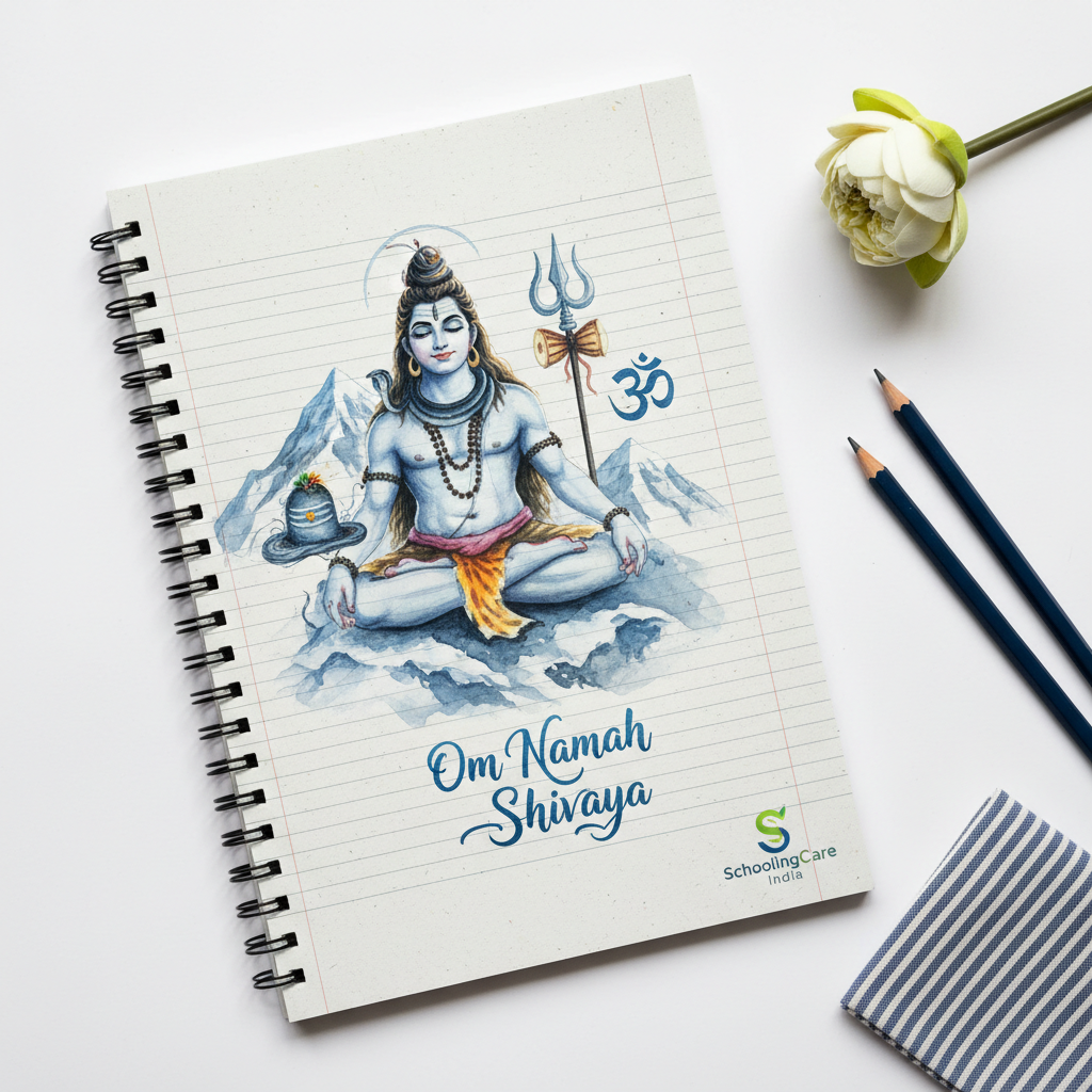SchoolingCare Divine Shiva Notebook flat lay ruled eco-friendly watercolour Shiva Himalayas blue white school - Schoolingcare