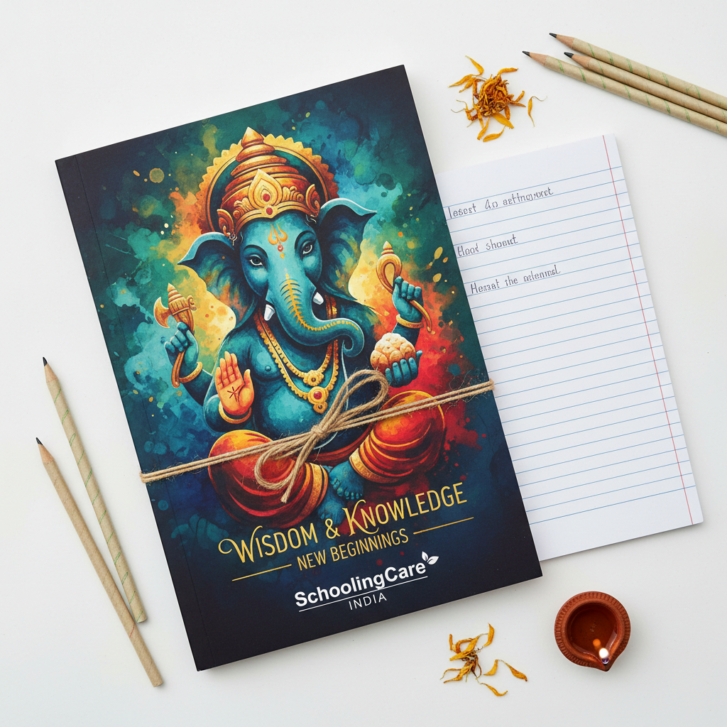 SchoolingCare Ganesh Notebook flat lay ruled eco-friendly watercolour Ganesha cover orange gold school - Schoolingcare