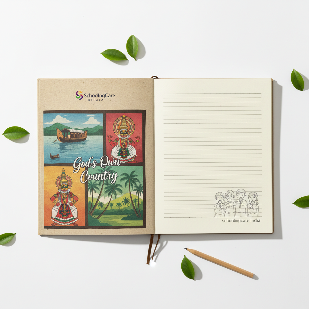SchoolingCare Kerala Notebook flat lay ruled eco-friendly backwaters Kathakali coconut groves green school - Schoolingcare
