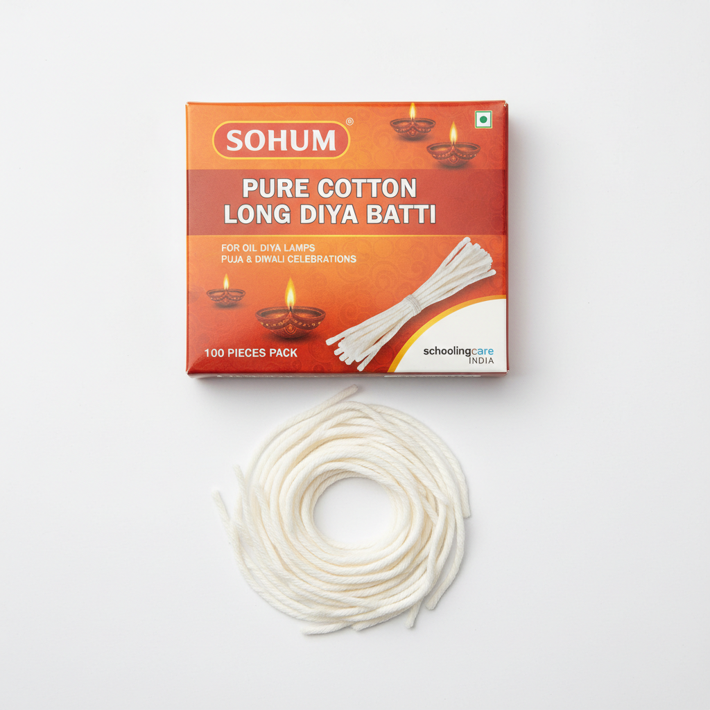 Sohum Cotton Long Diya Batti 100 piece flat lay pure cotton wicks oil lamp puja Diwali - Schoolingcare