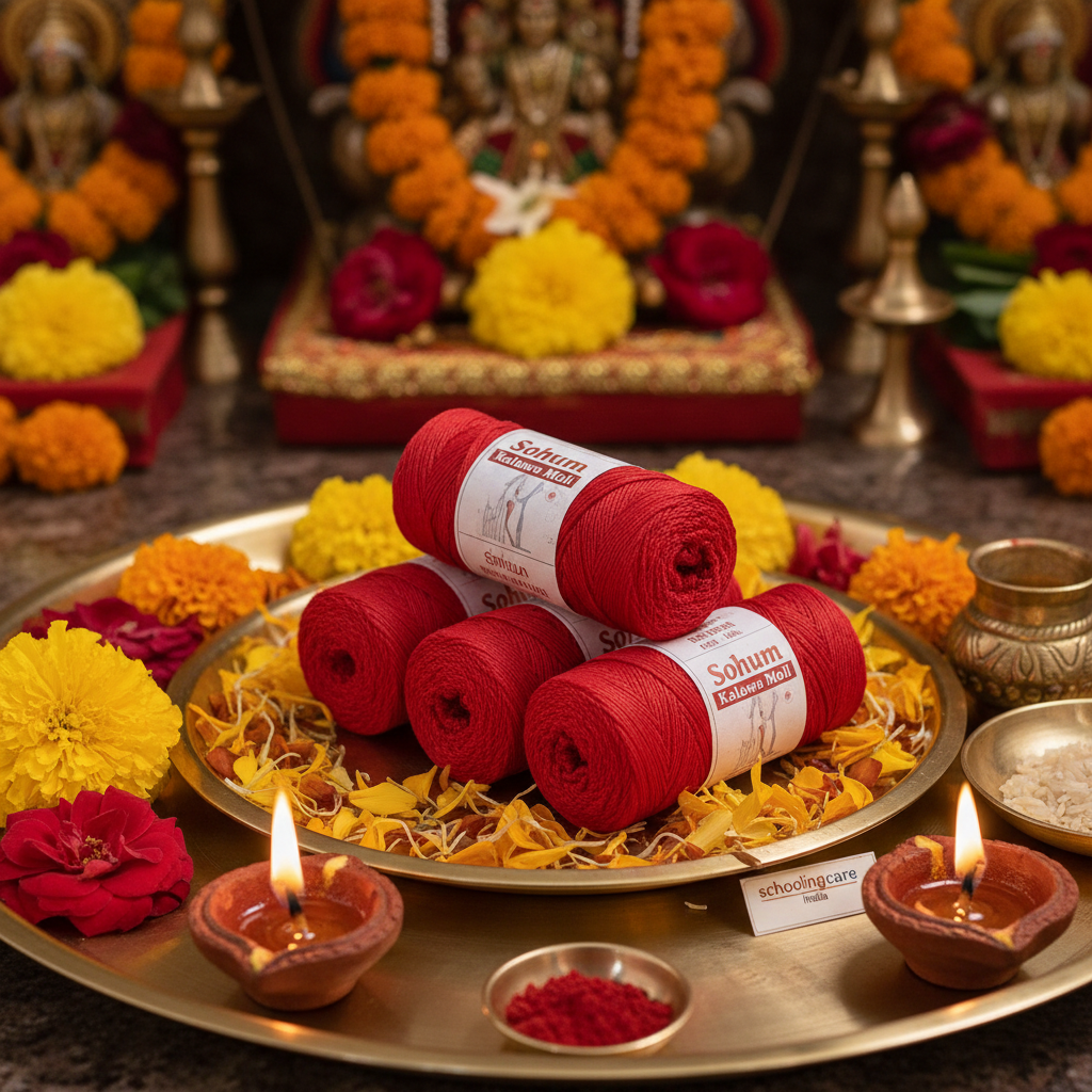 Sohum Kalawa Moli red thread on puja thali with flowers diyas religious ceremony - Schoolingcare