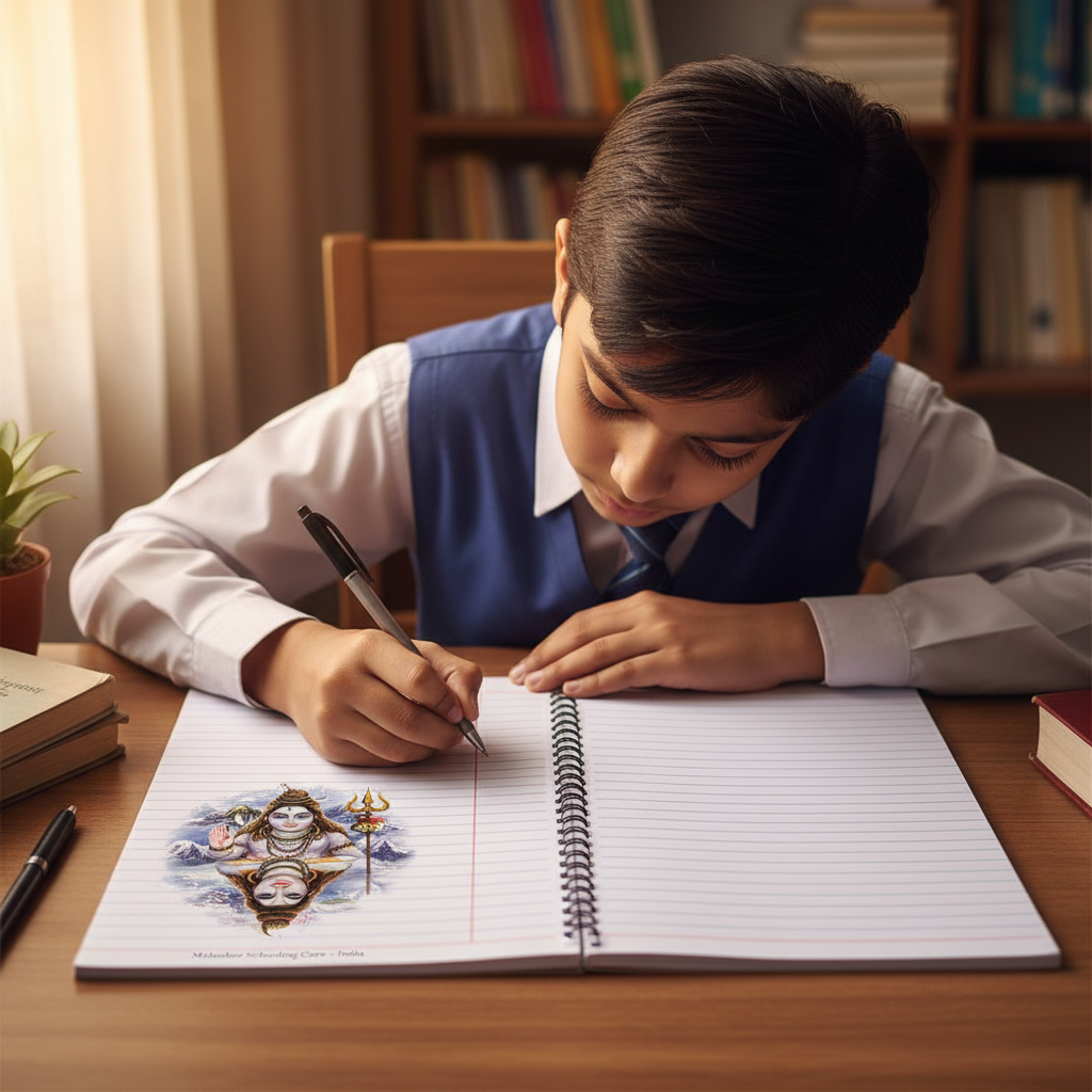 Student writing Divine Shiva notebook ruled pages center stapled lies flat focused study session school - Schoolingcare