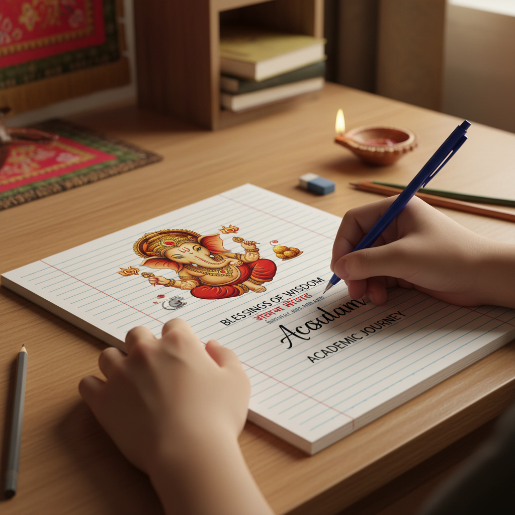 Student writing Ganesha notebook ruled pages center stapled lies flat school academic journey blessing - Schoolingcare