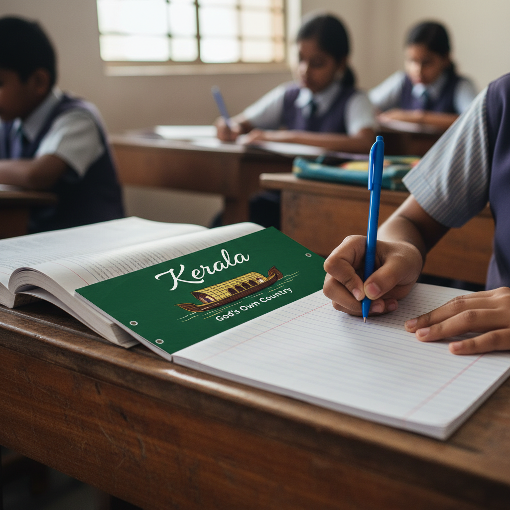 Student writing Kerala God's Own Country notebook ruled pages center stapled lies flat school desk India - Schoolingcare