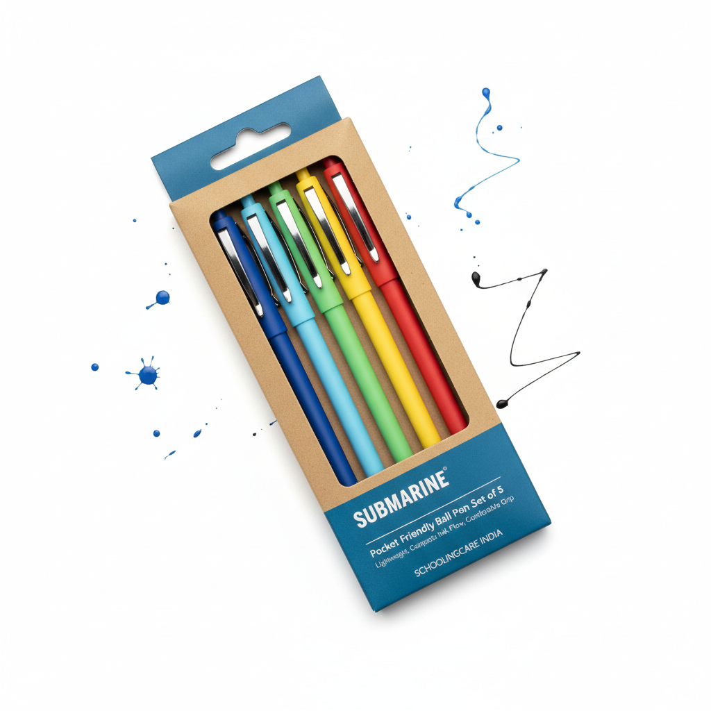 Submarine Pocket Friendly Ball Pen set of 5 flat lay lightweight compact pocket pens school office - Schoolingcare