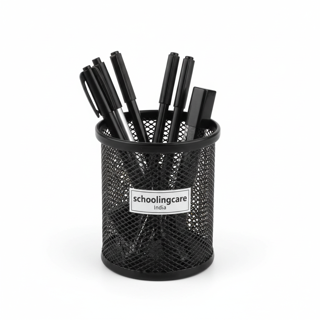 Worldone Mesh Metal Pencil Pen Holder black flat lay desk organiser office stationery - Schoolingcare